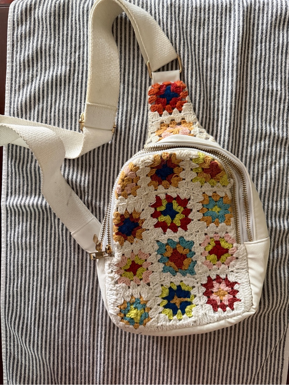 Cream Crochet Patchwork Crossbody Sling Bag - Multicolor